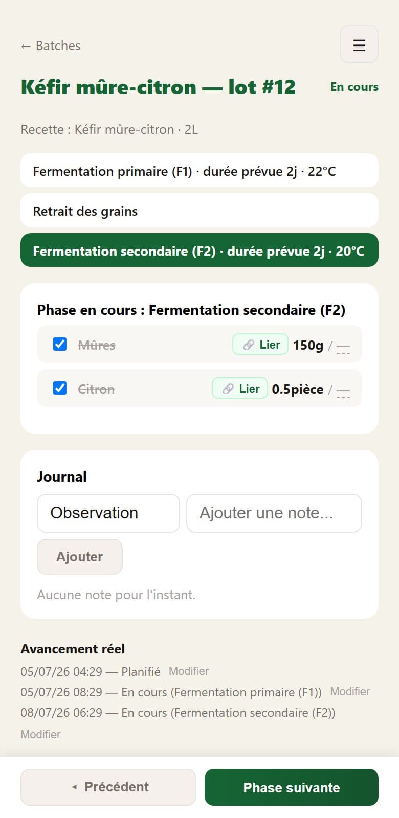 Détail d'un batch FermPal : phases, ingrédients déstockés, journal