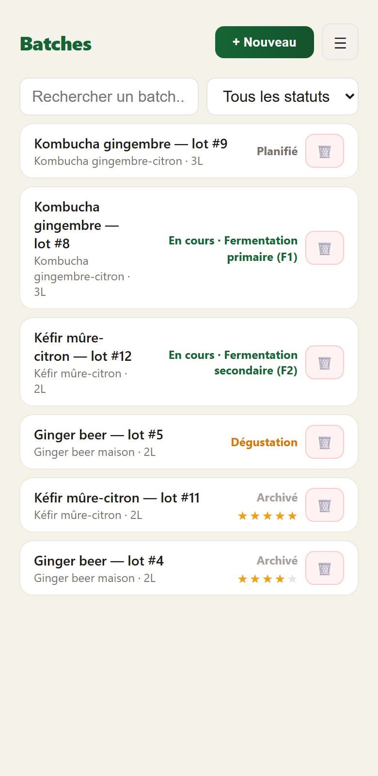 Liste des batches en cours dans FermPal, avec leur phase