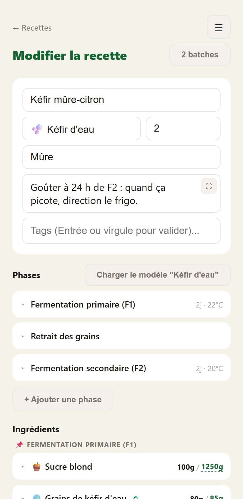 Édition d'une recette de kéfir dans FermPal